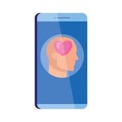 Sticker - mental health assistance online in smartphone, human profile with heart, on white background vector illustration design