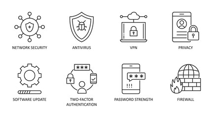 Cybersecurity vector icons. Set of 8 symbols with editable stroke. Network security antivirus VPN privacy. 2fa (two-factor authentication) password strength firewall software update