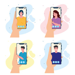 Canvas Print - hands holding smartphone video call on the screen with young people, social media concept vector illustration design