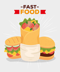 Sticker - fast food poster, burrito with sandwich and burger vector illustration design