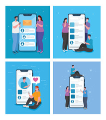 Canvas Print - set scenes of online chat in smartphones of young people, social media concept vector illustration design