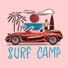 Wall Mural - Surf camp badge, Vintage Surfer logo. Retro car. Summer California. Man on the surfboard. Engraved emblem hand drawn. Banner or poster.