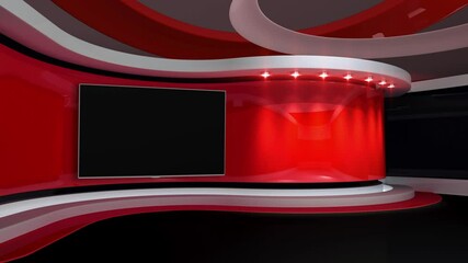 Tv Studio. Red Studio. News studio. Newsroom Background for News Broadcasts. Blurred of studio at TV station. News channel design. Control room. 3D rendering 