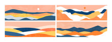 Abstract Mountain Landscape Illustration Set On Isolated Background. Horizontal Nature Environment Banner With Sunset And Minimalist Textures For Travel Brochure Or Summer Design Concept.