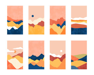 Wall Mural - Asian style mountain landscape illustration set on isolated background. Abstract nature environment with sunset and minimalist textures for phone wallpaper, travel brochure or summer design.