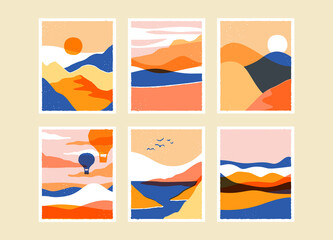 trendy mountain landscape illustration set on isolated background. abstract nature environment with 