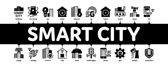 Poster - Smart City Technology Minimal Infographic Web Banner Vector. Smart City Tool Traffic Lights And Drone Delivery, Solar Battery And Eco Energy Plant Illustration