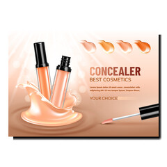 Wall Mural - Concealer Facial Cosmetic Promo Poster Vector. Concealer Bottle, Brush And Different Color Smears Advertising Marketing Banner. Beauty Salon Makeup Liquid Colorful Concept Template Illustration