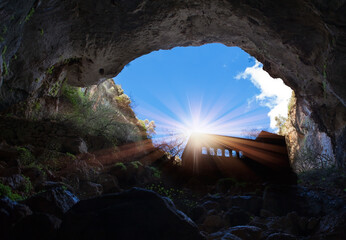 Heaven and hell sinkholes with a chapel in the Mountains - Mersin Province, Turkey.