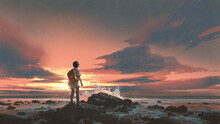 A Boy Standing With Guitar Against The Sunset Background, Digital Art Style, Illustration Painting