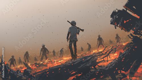 Fotografía the man facing a zombie group, digital art style, illustration painting