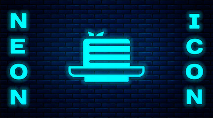 Poster - Glowing neon Medovik icon isolated on brick wall background. Honey layered cake or russian cake Medovik on plate. Vector.