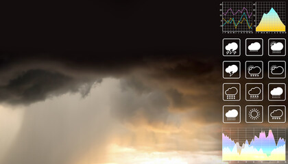 Wall Mural - dramatic atmosphere panorama aerial view of heavy raining and storm clouds with graph and chart fot 