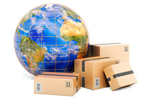 Global Shipping, Parcels With Earth Globe. 3D Rendering