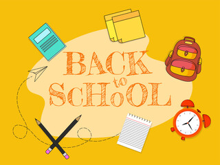 Sticker - Scribble Style Back To School Text on Yellow Background Decorated with Supplies Elements.