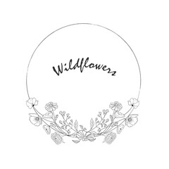 Round frame with wildflowers. Black and white vector illustration.