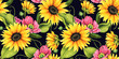Floral seamless pattern with decorative sunflowers, poppies and leaves.	