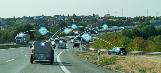 Wall Mural - Vehicle to vehicle communication. Data exchange between cars.