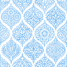 Seamless Watercolor Blue-white Pattern. Elegant Ornament For Textile. Vintage Bohemian Print. Vector Illustration.
