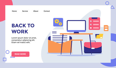 Wall Mural - back to work pc on desk campaign for web website home homepage landing page template banner with fla