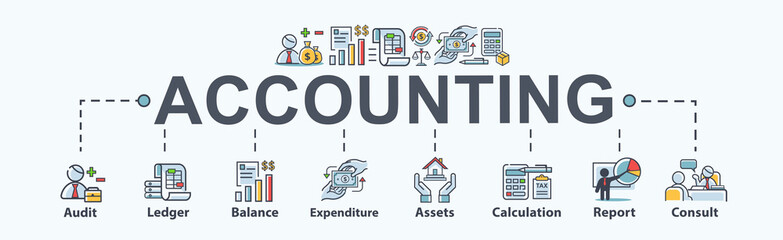 accounting banner web icon for business company, audit, ledger, income statement, balance sheet, exp