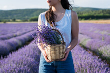 Young Woman Holding Wicker Basket With Lavender Flowers In Field