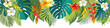 Tropical leaves and flowers border. Summer floral decoration. Horizontal summertime banner. Bright jungle background. Bright colors. Caribean beach party backdrop