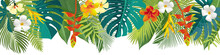 Tropical Leaves And Flowers Border. Summer Floral Decoration. Horizontal Summertime Banner. Bright Jungle Background. Bright Colors. Caribean Beach Party Backdrop