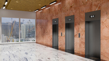 Perspective 3D rendering modern three metal elevator with board