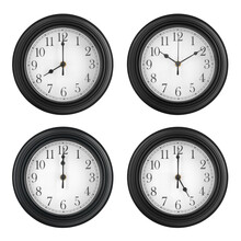 4 Times Wall Round Clock Black White With Number And Clockwise On Twelve O'clock Or 12 10 8 5 With Pm Am And Noon Or Night To Time Out Or Working Break And Morning Or Lunch On White Background Isolate
