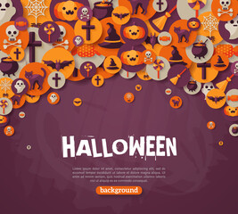 Wall Mural - Halloween Background. Vector Illustration. Flat Halloween Icons in Circles on Dark Chalkboard Textured Backdrop. Halloween Concept. Trick or Treat. Orange Pumpkin and Spider Web, Witch Hat.