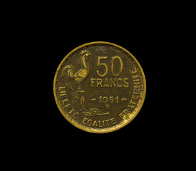 Wall Mural - Obverse of 20 Francs coin made by France in 1951, that shows Rooster and numeral value