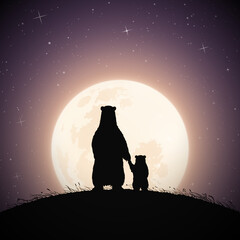 Sticker - Mom bear and baby holding hands on moonlight night. Animal family silhouette on grassy hill. Full moon in starry sky. Vector illustration for use in polygraphy, textile, design, nursery decor