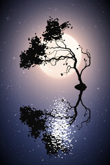 Sticker - Lonely tree on moonlight night. Landscape with full moon in starry sky