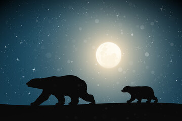 Sticker - polar bears family walking in snow on moonlight night. animal mother and baby silhouettes. full moon