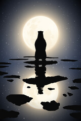 Sticker - lonely polar bear on ice floe on moonlight night. arctic landscape with animal and melting ice on wa