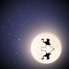 Sticker - Lonely flamingo running on lake on moonlight night. Elegant bird silhouette reflected in water. Full moon in starry sky. Vector illustration for use in polygraphy, textile, design, interior decor
