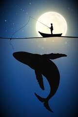 Poster - fisherman in boat on moonlight night. man silhouette with fishing rod and big whale under water. ful