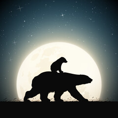 Sticker - bears family. animal mother and baby silhouette. moon in starry night