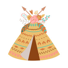 Cute Boho Teepee With Floral Bouquet, Feathes, Arrows. Tribal Baby Girl Element. Teepee Tent, Wigwam Vector