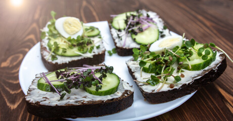 Wall Mural - sandwiches with microgreens, cucumber and quail eggs on a white plate on a wooden background. bright sun glare. Healthy diet. Delivery option. young sprouts of radish and red cabbage. panoramic banner