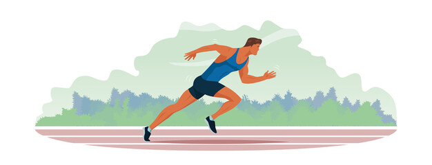 Wall Mural - Athlete runs along the stadium track. Jogging train of a handsome guy with athletic physique in sportswear. Outdoor training run. Vector flat design banner illustration.