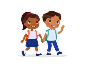 Wall Mural - Schoolmates going to school flat vector illustration. Couple pupils in uniform holding hands isolated cartoon characters. Happy elementary dark skin school students with rucksack back to school 