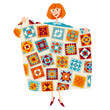 A woman holds a multi-colored quilt. Patchwork. Quilting.