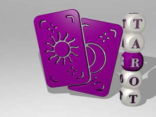 3D graphical image of TAROT vertically along with text built around the icon by metallic cubic letters from the top perspective. excellent for the concept presentation and slideshows. card and cards