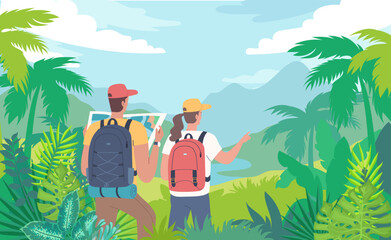 Wall Mural - Young tourists walking in a summer tropical forest vector illustration