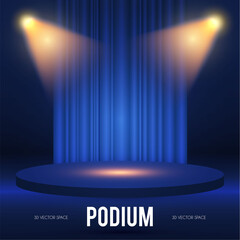 Sticker - Round Podium. Scene, pedestal and 3D platform with spotlights and stage curtain. Advertising, award and win design. Show and sale background. Realistic presentation mockup. Blue and gold.