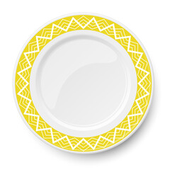 Yellow plate with white geometric pattern isolated on white background