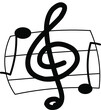 © Lesya - image of notes and treble clef. linear image, logo, icon. simple black drawing