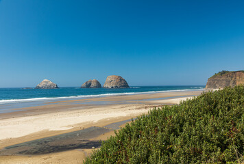 Wall Mural - Sea Stack rocks sit just off a sandy beach near Oceanside Oregon